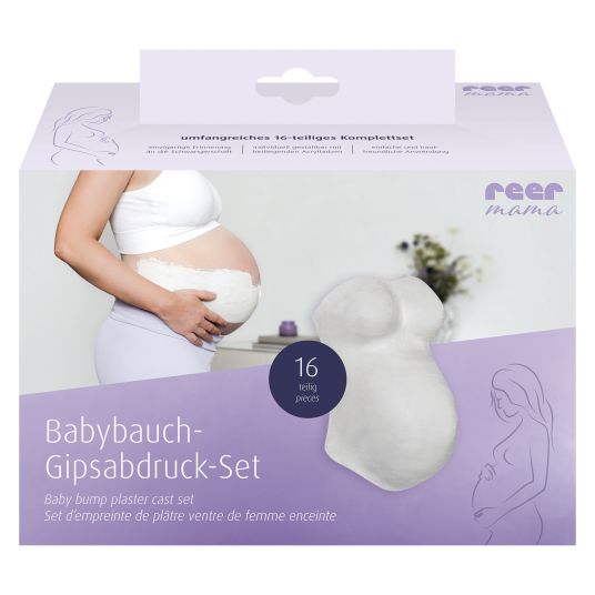 Reer 16-tlg. Babybauch-Gipsabdruck-Set Mama mit 5x Gipsbinden, 6x Acrylfarben, 1x Vaseline, 2x Pinsel, 1x Mischpalette & 1x Abdeckfolie