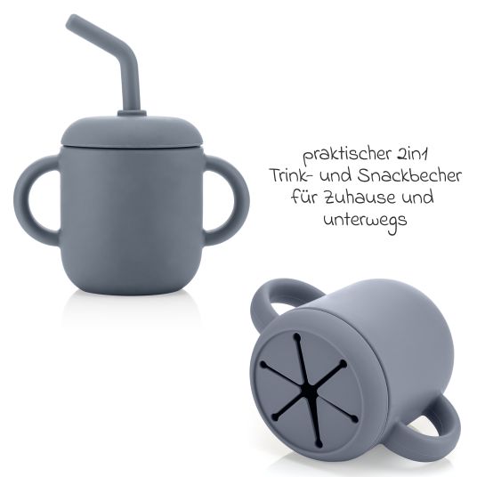 Reer 2in1 Trink- und Snackbecher mit Trinkhalm aus 100% lebensmittelechtes Silikon - Blau