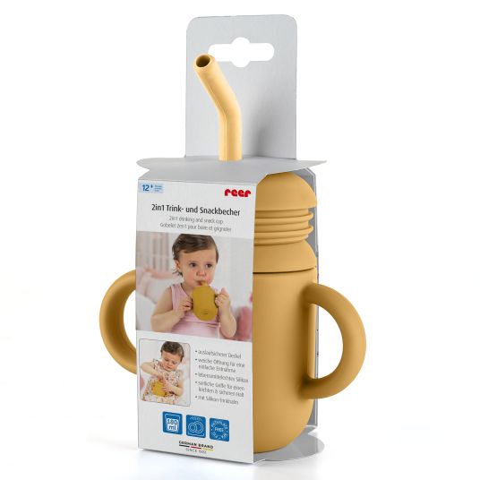 Reer 2in1 drinking and snack cup with straw made of 100% food-safe silicone - yellow