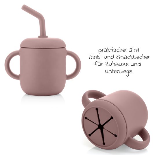 Reer 2in1 Trink- und Snackbecher mit Trinkhalm aus 100% lebensmittelechtes Silikon - Rosa