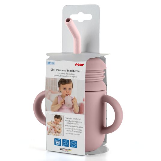 Reer 2in1 Trink- und Snackbecher mit Trinkhalm aus 100% lebensmittelechtes Silikon - Rosa