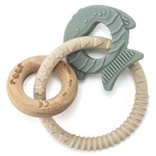 Reer Silicone wooden teething ring BiteDuo supports teething and promotes fine motor skills - Beige Green