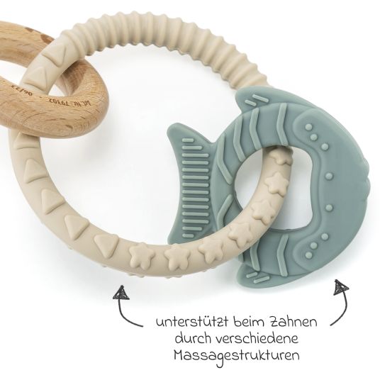 Reer Silicone wooden teething ring BiteDuo supports teething and promotes fine motor skills - Beige Green