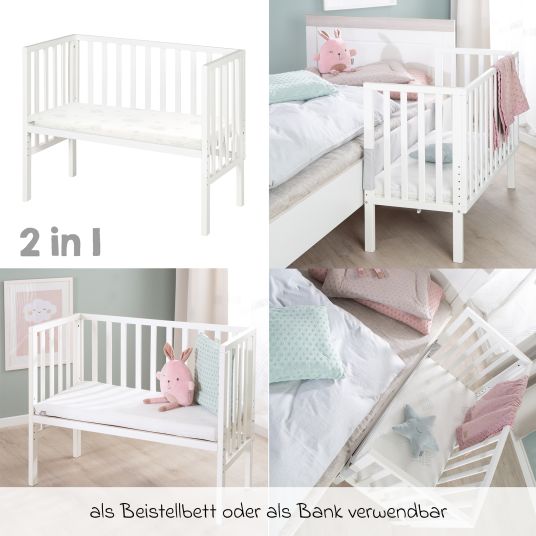 Roba 2in1 Beistellbett und Bank mit Canvas-Barriere + Matratze mit 90 x 45 cm - 47 x 99,5 cm - Weiß