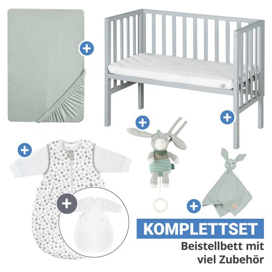 Roba 6-tlg. Beistellbett-Komplett-Set mit Canvas-Barriere, Matratze 90 x 45 cm, Spannbetttuch, 2-tlg-Schlafsack, Schmusetuch & Spieluhr 47 x 99,5 cm - Taupe