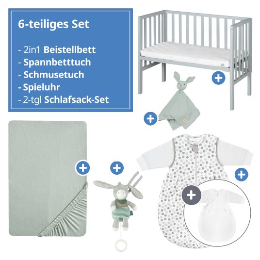 Roba 6-piece co-sleeper set with canvas barrier, mattress 90 x 45 cm, fitted sheet, 2-piece sleeping bag, cuddle cloth & music box 47 x 99.5 cm - Taupe