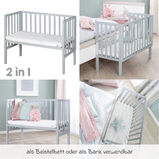 Roba 6-tlg. Beistellbett-Komplett-Set mit Canvas-Barriere, Matratze 90 x 45 cm, Spannbetttuch, 2-tlg-Schlafsack, Schmusetuch & Spieluhr 47 x 99,5 cm - Taupe