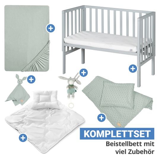 Roba 8-tlg. Beistellbett-Komplett-Set mit Canvas-Barriere, Matratze 90 x 45 cm, Spannbetttuch, Steppbett, Bettwäsche, Schmusetuch & Spieluhr 47 x 99,5 cm - Taupe