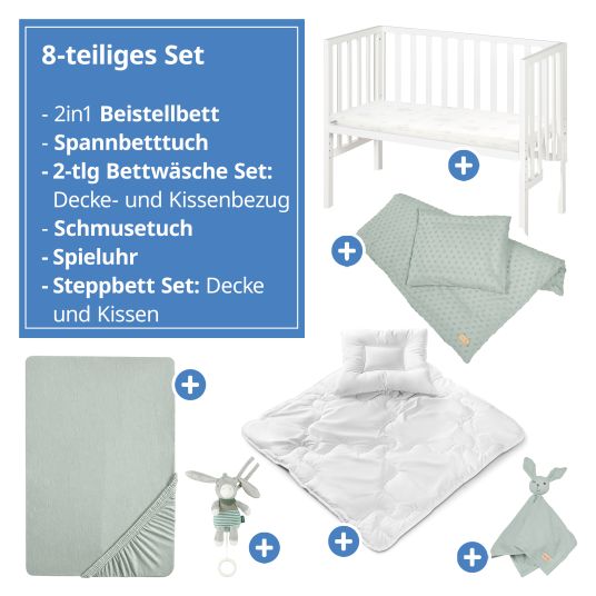 Roba 8-piece complete co-sleeper set with canvas barrier, mattress 90 x 45 cm, fitted sheet, quilt, bed linen, cuddle cloth & music box 47 x 99.5 cm - White