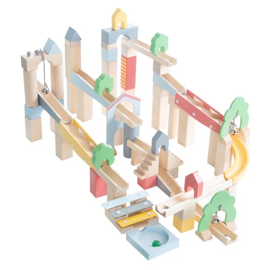 Roba 80-piece marble run 60-piece basic set + 20-piece extension set incl. 11 glass marbles - natural / colored lacquered