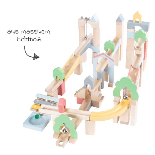 Roba 80- tlg. Kugelbahn 60-teilige Grundausstattung + 20-teiliges Ergänzungsset inkl. 11 Glasmurmeln - Natur / farbig lackiert