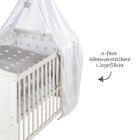 Roba Baby-Komplett-Bett Lukas inkl. Bettwäsche, Himmel, Himmelstange, Nestchen & Matratze Weiß 70 x 140 cm - Little Stars