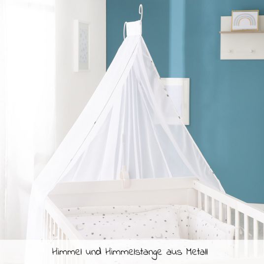 Roba Babybett-Komplett-Set Weiß - inkl. Bettwäsche, Himmel, Nestchen & Matratze 70 x 140 cm - Sternenzauber Grau