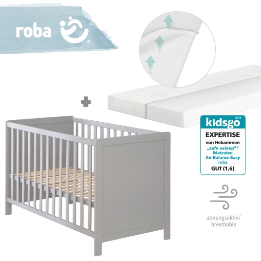 Roba Co-sleeper with safe asleep mattress, 6-position height-adjustable slatted frame & 5 pass-through rungs 60 x 120 cm - Universal - Taupe