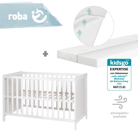 Roba Dormire insieme con materasso Safe Sleep, rete a doghe regolabile in altezza in 6 posizioni e 5 pioli passanti 60 x 120 cm - Universale - Bianco