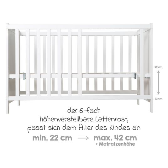 Roba Dormire insieme con materasso Safe Sleep, rete a doghe regolabile in altezza in 6 posizioni e 5 pioli passanti 60 x 120 cm - Universale - Bianco