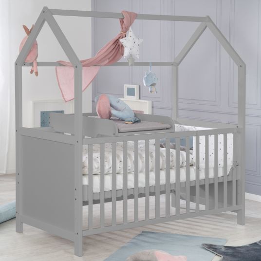 Roba House bed incl. changing table with changing mat, 6-position height-adjustable slatted frame & 5 sliding rungs 60 x 120 cm - Taupe