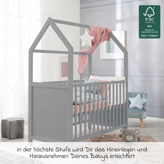 Roba House bed incl. changing table with changing mat, 6-position height-adjustable slatted frame & 5 sliding rungs 60 x 120 cm - Taupe