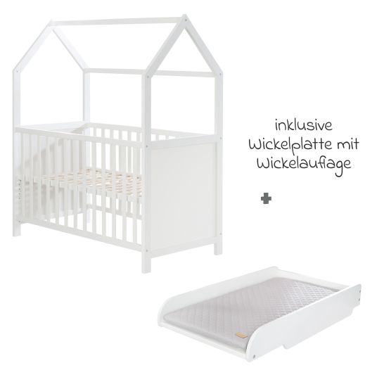 Roba House bed incl. changing table with changing mat, 6-position height-adjustable slatted frame & 5 sliding rungs 60 x 120 cm - White