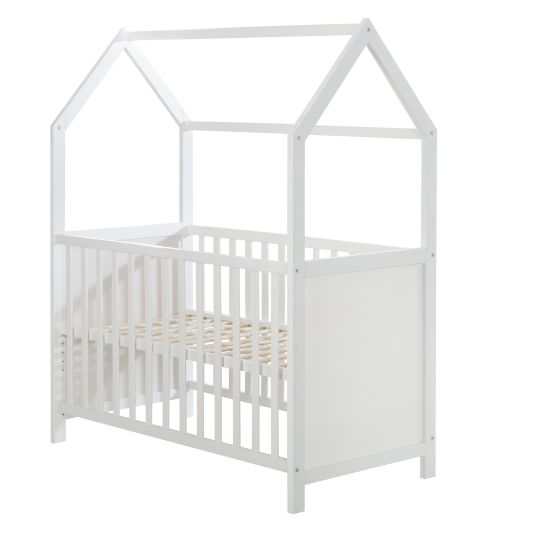 Roba House bed incl. changing table with changing mat, 6-position height-adjustable slatted frame & 5 sliding rungs 60 x 120 cm - White