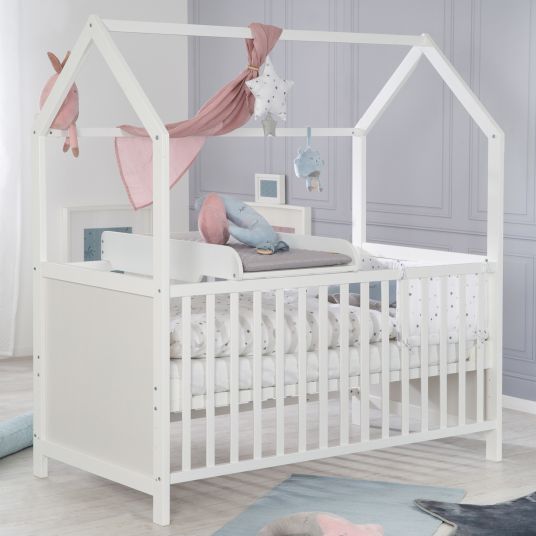 Roba House bed incl. changing table with changing mat, 6-position height-adjustable slatted frame & 5 sliding rungs 60 x 120 cm - White