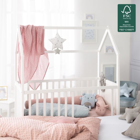 Roba House bed incl. changing table with changing mat, 6-position height-adjustable slatted frame & 5 sliding rungs 60 x 120 cm - White