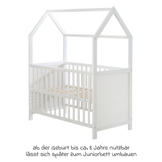 Roba House bed incl. changing table with changing mat, 6-position height-adjustable slatted frame & 5 sliding rungs 60 x 120 cm - White