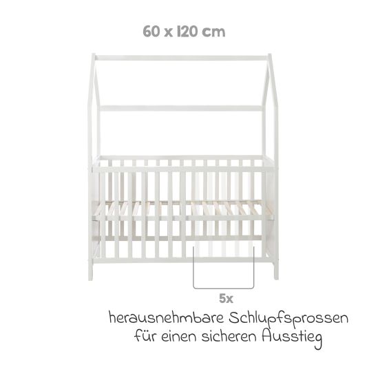 Roba House bed incl. changing table with changing mat, 6-position height-adjustable slatted frame & 5 sliding rungs 60 x 120 cm - White