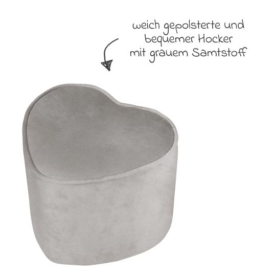 Roba Kinderhocker in Herzform gepolster, mit Samtstoff bezogen - Lil Sofa - Silbergrau