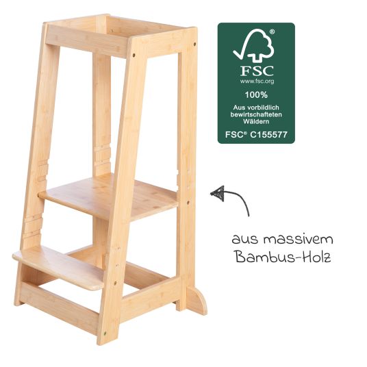 Roba Lernturm aus 100% Bambus mitwachsend mit 3-fach höhenverstellbarem Stand- und Fußbrett - Montessori - Braun