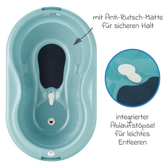 Rotho Babydesign 4-tlg. Badeset / Badestation Top - inkl. Badewanne + Wannenständer + Badeliege + Ablaufschlauch - Lagoon