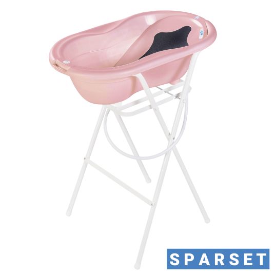 Rotho Babydesign 4-tlg. Badeset / Badestation Top - inkl. Badewanne + Wannenständer + Badeliege + Ablaufschlauch - Soft Rose