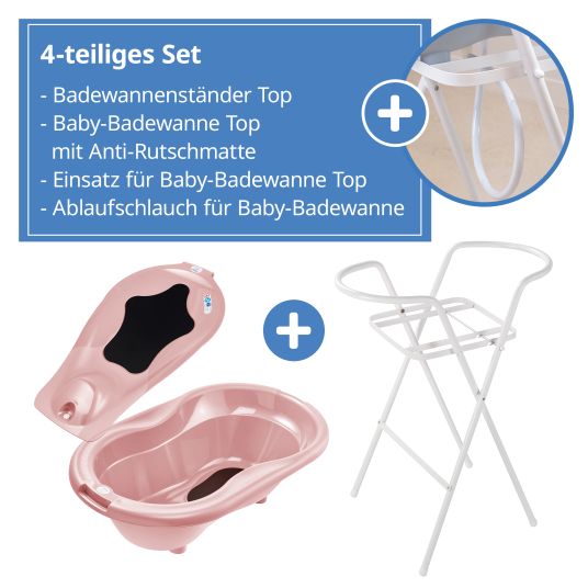 Rotho Babydesign 4-tlg. Badeset / Badestation Top - inkl. Badewanne + Wannenständer + Badeliege + Ablaufschlauch - Soft Rose