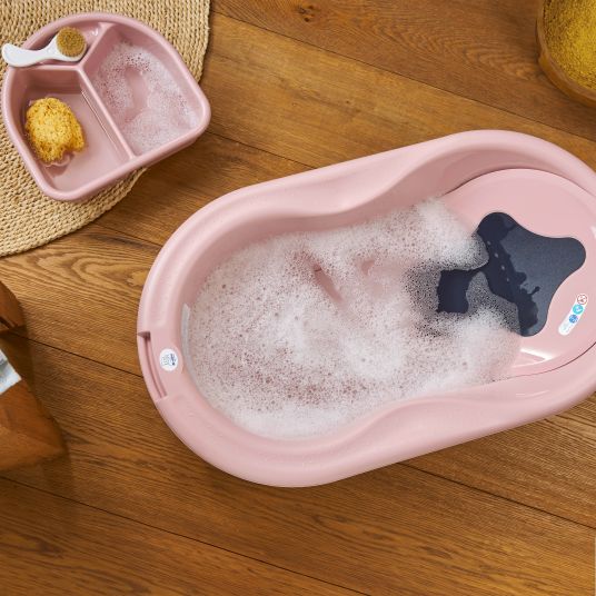 Rotho Babydesign 4-tlg. Badeset / Badestation Top - inkl. Badewanne + Wannenständer + Badeliege + Ablaufschlauch - Soft Rose