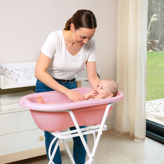 Rotho Babydesign 4-tlg. Badeset / Badestation Top - inkl. Badewanne + Wannenständer + Badeliege + Ablaufschlauch - Soft Rose