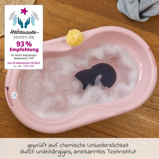 Rotho Babydesign 4-tlg. Badeset / Badestation Top - inkl. Badewanne + Wannenständer + Badeliege + Ablaufschlauch - Soft Rose