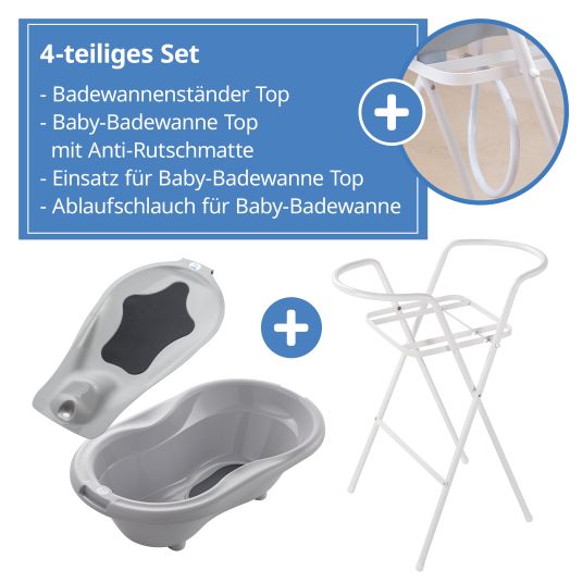 Rotho Babydesign 4-tlg. Badeset / Badestation Top - inkl. Badewanne + Wannenständer + Badeliege + Ablaufschlauch - Stone Grey