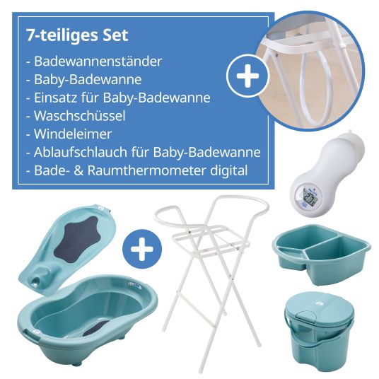 Rotho Babydesign 7-tlg. Badeset / Badestation Top - inkl. Badewanne + Wannenständer + Badeliege + Waschschüssel + Badethermometer + Ablaufschlauch + Windeleimer - Lagoon