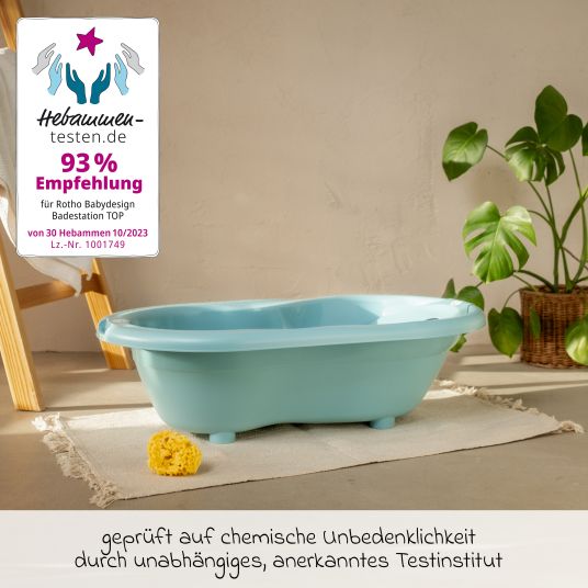 Rotho Babydesign 7-tlg. Badeset / Badestation Top - inkl. Badewanne + Wannenständer + Badeliege + Waschschüssel + Badethermometer + Ablaufschlauch + Windeleimer - Lagoon