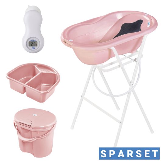 Rotho Babydesign 7-tlg. Badeset / Badestation Top - inkl. Badewanne + Wannenständer + Badeliege + Waschschüssel + Badethermometer + Ablaufschlauch + Windeleimer - Soft Rose