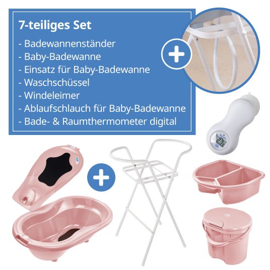 Rotho Babydesign 7-tlg. Badeset / Badestation Top - inkl. Badewanne + Wannenständer + Badeliege + Waschschüssel + Badethermometer + Ablaufschlauch + Windeleimer - Soft Rose