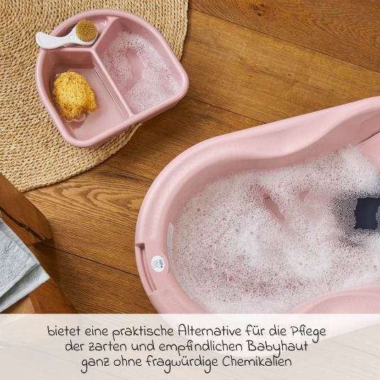 Rotho Babydesign 7-tlg. Badeset / Badestation Top - inkl. Badewanne + Wannenständer + Badeliege + Waschschüssel + Badethermometer + Ablaufschlauch + Windeleimer - Soft Rose