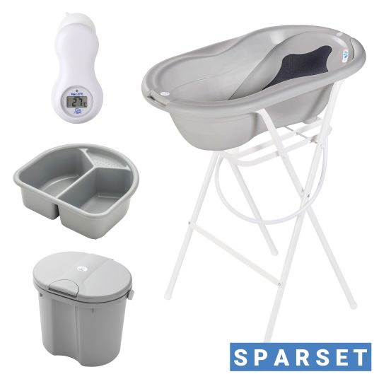 Rotho Babydesign 7-tlg. Badeset / Badestation Top - inkl. Badewanne + Wannenständer + Badeliege + Waschschüssel + Badethermometer + Ablaufschlauch + Windeleimer - Stone Grey