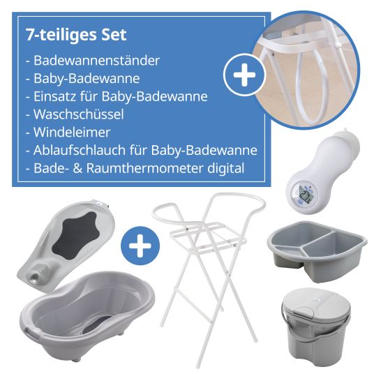 Rotho Babydesign 7-tlg. Badeset / Badestation Top - inkl. Badewanne + Wannenständer + Badeliege + Waschschüssel + Badethermometer + Ablaufschlauch + Windeleimer - Stone Grey