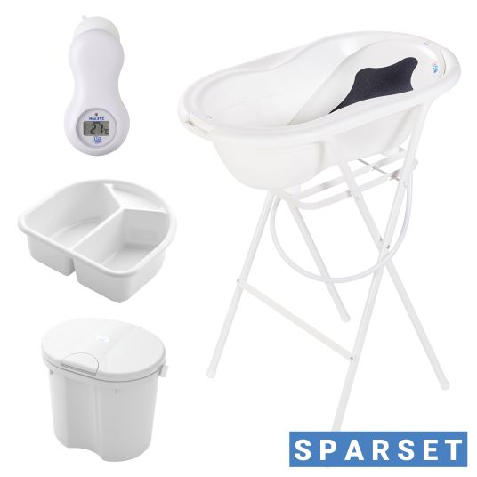 Rotho Babydesign 7-tlg. Badeset / Badestation Top - inkl. Badewanne + Wannenständer + Badeliege + Waschschüssel + Badethermometer + Ablaufschlauch + Windeleimer - White