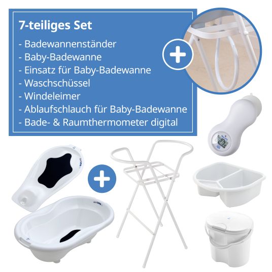 Rotho Babydesign 7-tlg. Badeset / Badestation Top - inkl. Badewanne + Wannenständer + Badeliege + Waschschüssel + Badethermometer + Ablaufschlauch + Windeleimer - White