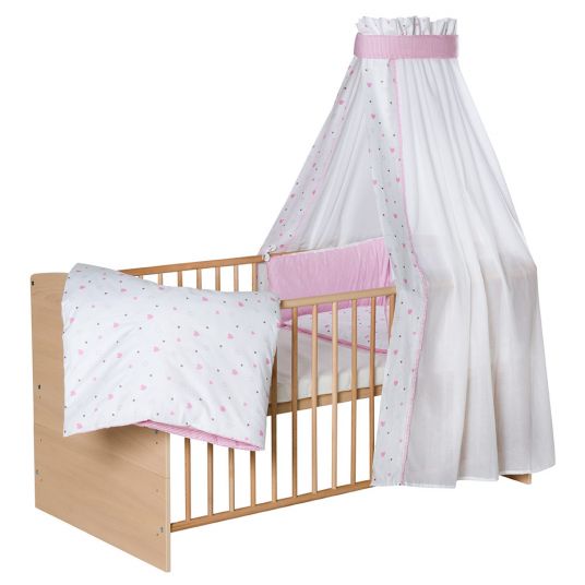 Schardt Baby complete bed set Classic-Line incl. bedding, canopy, nestle & mattress nature 70 x 140 cm - little hearts - pink