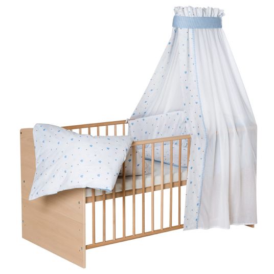 Schardt Baby complete bed set Classic-Line incl. bedding, canopy, nestle & mattress nature 70 x 140 - little hearts - light blue
