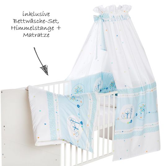 Schardt Baby-Komplettbett-Set Classic-Line inkl. Bettwäsche, Himmel, Nestchen & Matratze Weiß 70 x 140 cm - Birdy - Hellblau