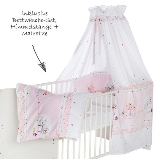Schardt Baby-Komplettbett-Set Classic-Line inkl. Bettwäsche, Himmel, Nestchen & Matratze Weiß 70 x 140 cm - Birdy - Rosa